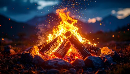 Sparkling Campfire Flames Dance Against a Majestic Mountain Silhouette at Sunset, Creating a Serene Atmosphere