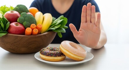 Person refusing unhealthy donuts with a bowl of fresh fruits and vegetables in the background isolated on white background