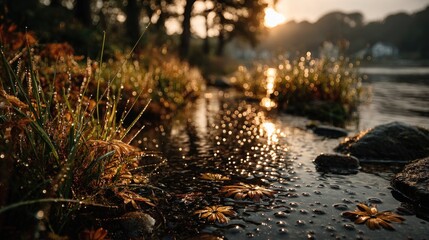 Naklejka premium A serene riverside scene at sunset, featuring sparkling water droplets on grass and flowers, creating a tranquil and picturesque natural setting.