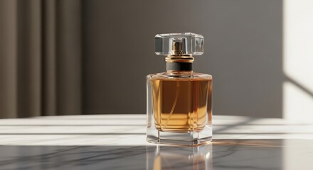 Elegant glass perfume bottle with amber liquid and crystal cap standing on a reflective surface isolated on white background