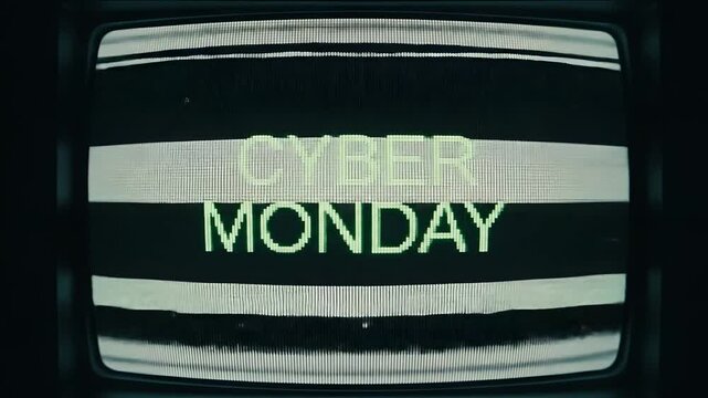 Retro TV screen displays Cyber Monday text with static noise. Ideal for online sales promotion, e-commerce marketing, retail advertising, holiday sales events, vintage technology theme.  - Powered by Adobe