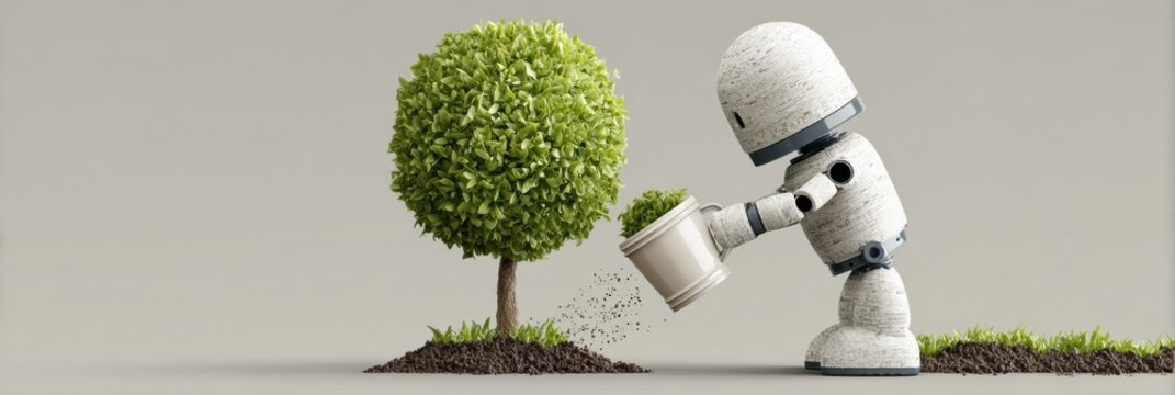 Robot Waters a Tree With Care in a Minimalist Environment, Showcasing Nature and Technology Interaction at Its Finest