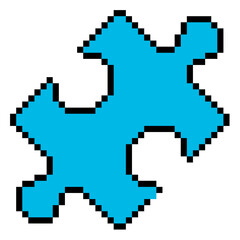 Pixel puzzle piece vector. Ideal for solution, game, and connection themes. This digital graphic is perfect for retro game or 8 bit design projects and assets related to logic and unity.