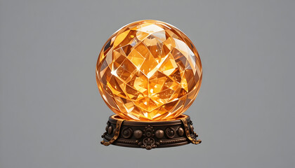 A glowing, faceted crystal orb with intricate carvings on its base, emitting a warm, golden light against a neutral gray background, suggesting magic or fortunetelling