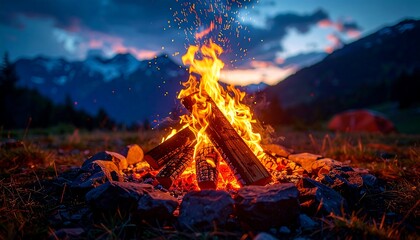 Glowing Campfire Burns Brightly Amidst a Rocky Ring, Silhouetted by Distant Mountains Under a Fading Sky
