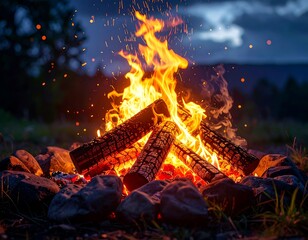 Intense Campfire Flames Illuminate the Surroundings, Set Against a Backdrop of Distant Mountains and a Moody Sky