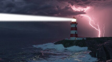 Fototapeta premium Dramatic lighthouse beacon shining during intense lightning storm