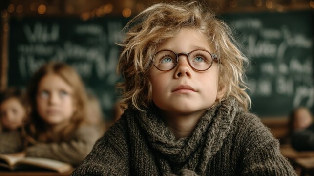 A child with curly hair and glasses gazes thoughtfully in a classroom, surrounded by peers, with a chalkboard filled with writing in the background. - Powered by Adobe