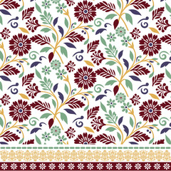 Vibrant Floral Pattern With Maroon Flowers, Green Leaves, and Gold Stems Featuring Decorative Borders, Elegant Ornamental Design for Wallpaper, Textile Fabric, and Home Decor