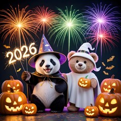 Fototapeta premium halloween pumpkin ghost Cute Panda and Teddy Bear in Costumes Celebrating New Year 2026