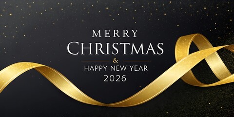Fototapeta premium Elegant merry Christmas and happy new year 2026 greeting with a luxurious golden ribbon and subtle sparkling background.