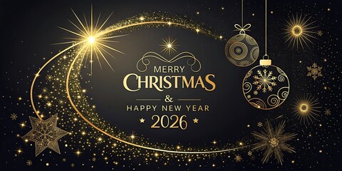 Elegant golden sparkler ring illuminates festive merry Christmas and happy new year 2026 greeting card.
