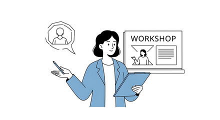 Engaged female professional leading an interactive virtual workshop presentation, demonstrating effective online education strategies for audience learning and development