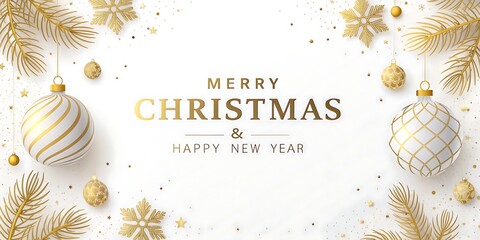 Elegant merry Christmas and happy new year greeting card with golden ornaments and fir branches on white background.