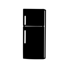 Simple black refrigerator icon with freezer on top with white background