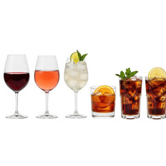 Assortment of alcoholic and nonalcoholic drinks isolated on transparent background