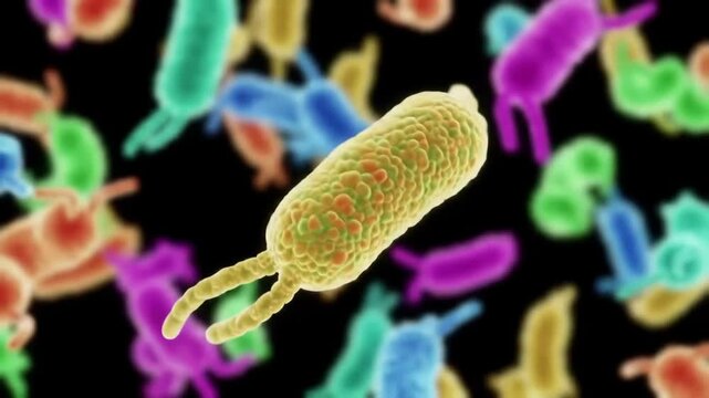 Microscopic bacteria in a colorful illustration on a black background, science concept