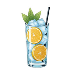 Refreshing iced drink with orange slices and mint isolated on transparent background