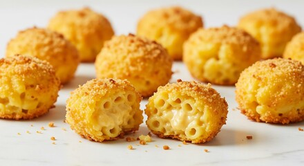 Golden crispy mac and cheese bites brilliantly lit showing gooey pasta inside a delicious breaded snack on a light surface. AI Generated