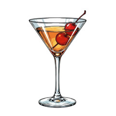 Classic martini cocktail with cherries in a stemmed glass isolated on transparent background