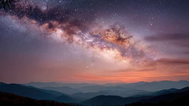 Majestic Milky Way Galaxy Arches Over Silhouetted Mountain Ranges Under A Twilight Sky With Subtle Orange and Purple Hues