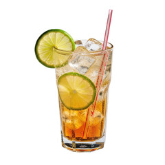 Refreshing iced drink with lime and straw isolated on transparent background