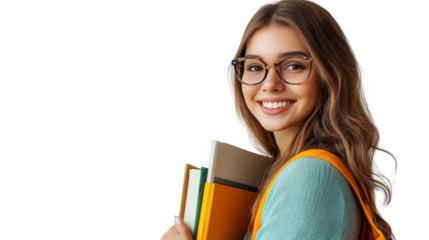 Smiling student with books wearing glasses and backpack ready for school study on transparent background