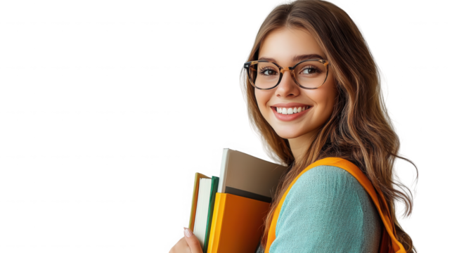 Smiling student with books wearing glasses and backpack ready for school study on transparent background