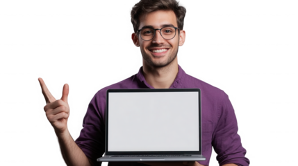Smiling man holding laptop with blank screen and gesturing peace sign on transparent background