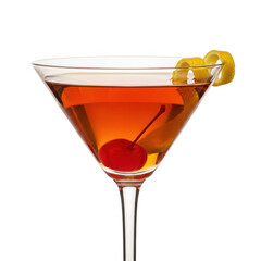 Manhattan cocktail with cherry and lemon twist isolated on transparent background
