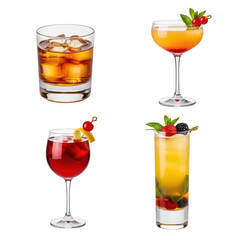 Variety of alcoholic drinks and cocktails on transparent background