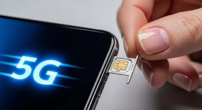 Hand Inserting Sim Card into Smartphone with 5g