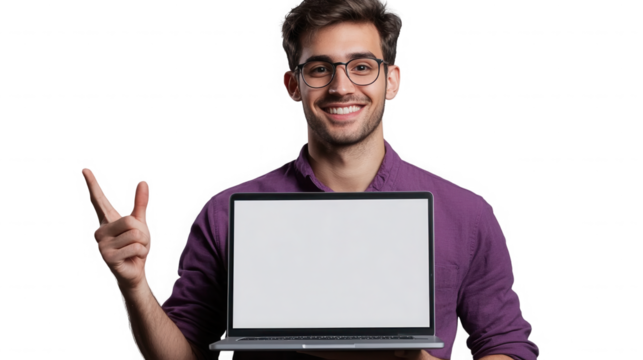 Smiling man holding laptop with blank screen and gesturing peace sign on transparent background