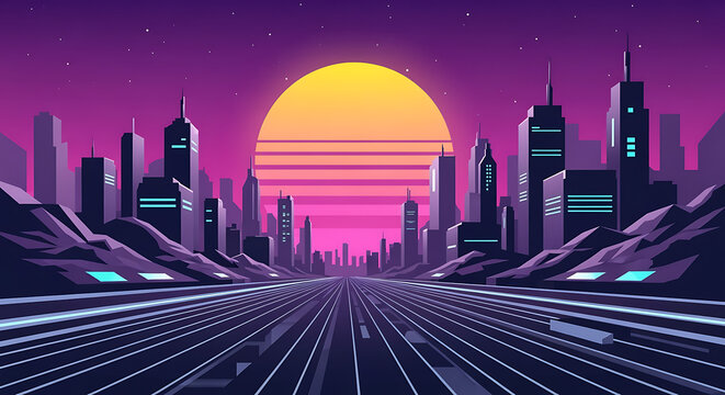 Futuristic digital landscape of a retro synthwave city with a glowing sunset over a grid highway - Powered by Adobe