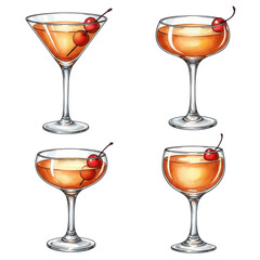 Collection of elegant cocktails with cherries and garnishes isolated on transparent background