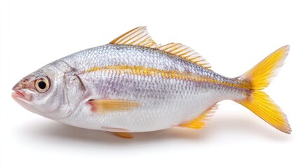 Studio Portrait of a Fresh Silver and Yellow Fish on a Clean White Background