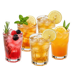 Assortment of colorful iced beverages with garnishes isolated on transparent background
