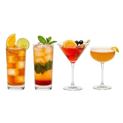 Four cocktails isolated on transparent background