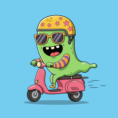 Red vector cartoon illustration of a funny boy driving a scooter vehicle for fun transportation