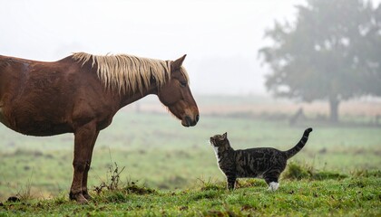猫と馬が見つめあっている写真