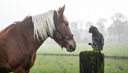 猫と馬が見つめあっている写真