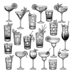Collection of various cocktail glasses with drinks and garnishes isolated on transparent background