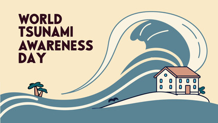 World Tsunami Awareness Day with Silhouette of House and Waves