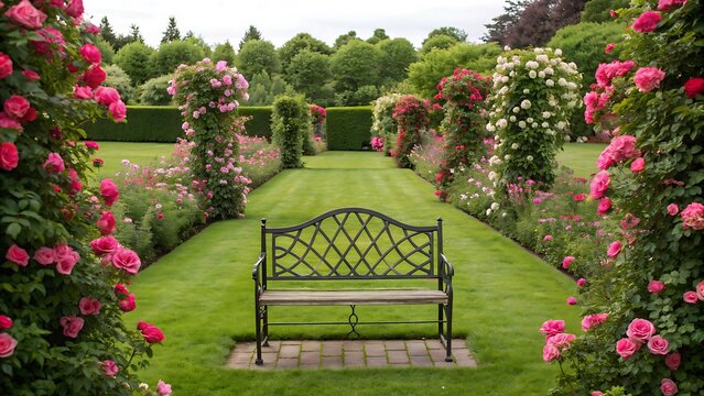 A tranquil rose garden with a bench in the foreground, inviting visitors to relax and enjoy the beauty of nature in a serene setting