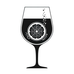Black and white illustration of a wine glass with a lemon slice isolated on transparent background