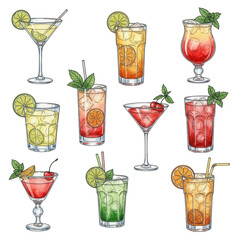 Collection of colorful handdrawn cocktails with garnishes isolated on transparent background