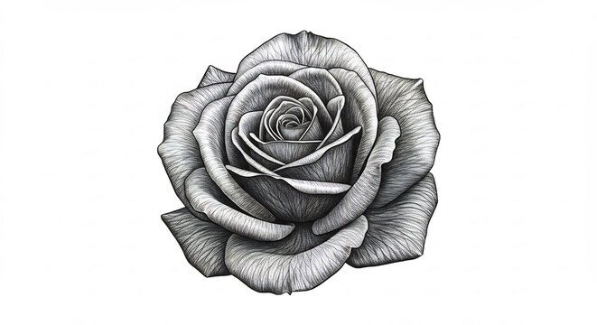 Beautifully detailed black and white single rose pencil drawing showcasing delicate shading on a clean white background. AI Generated