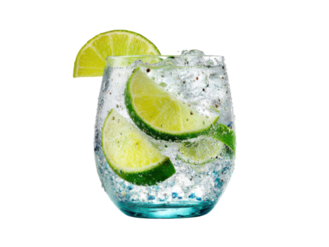 Refreshing gin tonic with lime wedges and ice glass, Isolated, Png Transparent Background