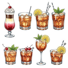 Collection of various colorful cocktails with garnishes isolated on transparent background