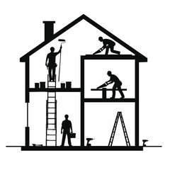 Silhouette of a house under renovation, with workers performing various construction tasks, representing home improvement and building.